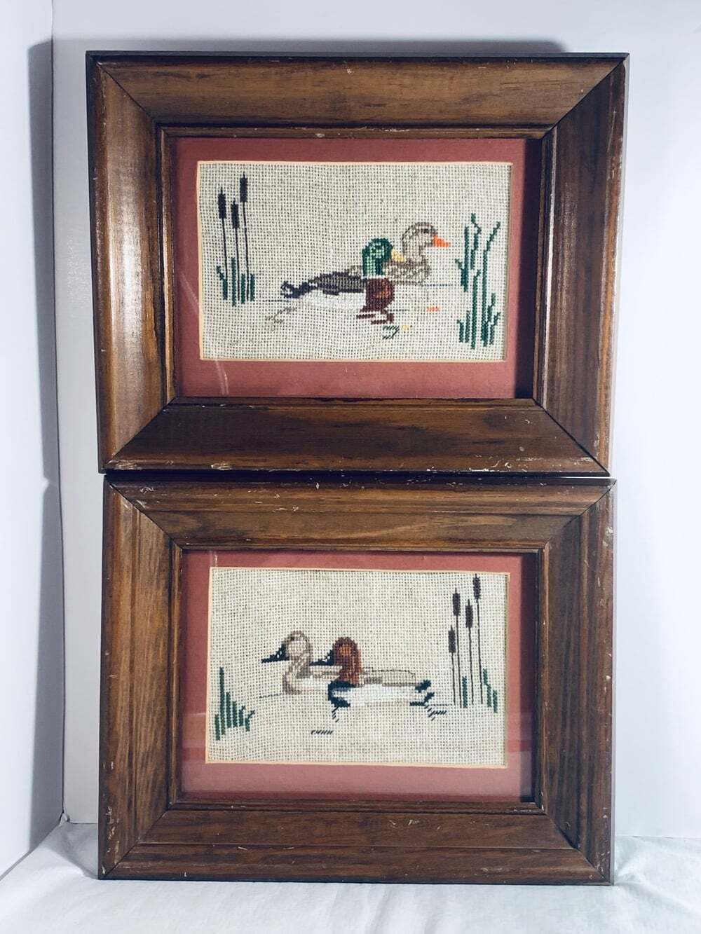 Embroidered ducks antique wall art wood frames